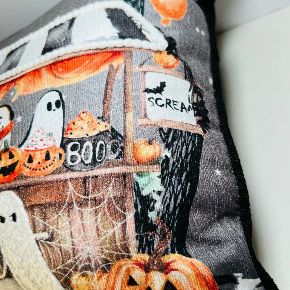 Halloween Sweet Shop Textured Throw Pillow Ghosts Candy Cake Pumpkins Party